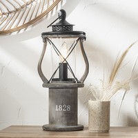Retro Wooden Lantern Grey Washed Table Lamp Coastal Bedside Light Vintage Style