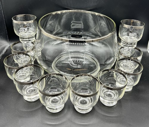 Vintage 1960er Jahre Glas Bowle mit Fuß & 8 Unzen Becher, Silberband Design 12er Set