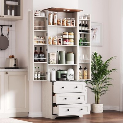 72'' Tall Kitchen Pantry Cabinet Storage with Adjustable Shelf 3 Drawer Cupboard