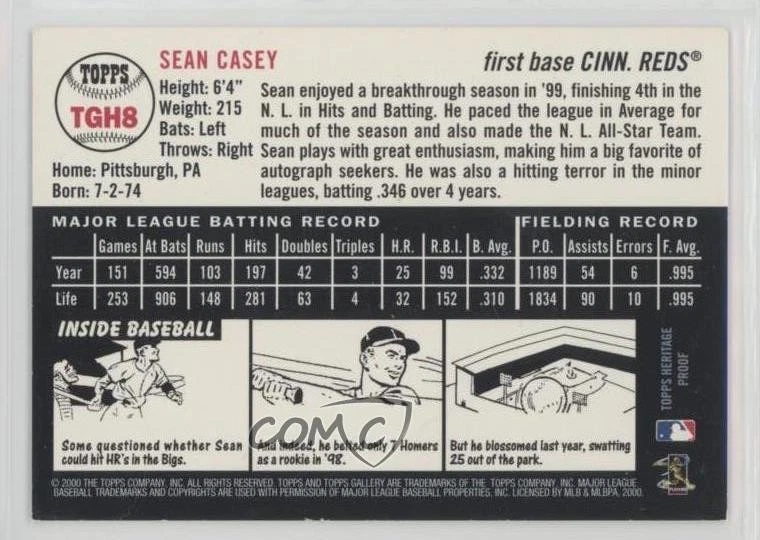 2000 Topps Gallery Heritage Proof Sean Casey #TGH8 - Image 2 of 2