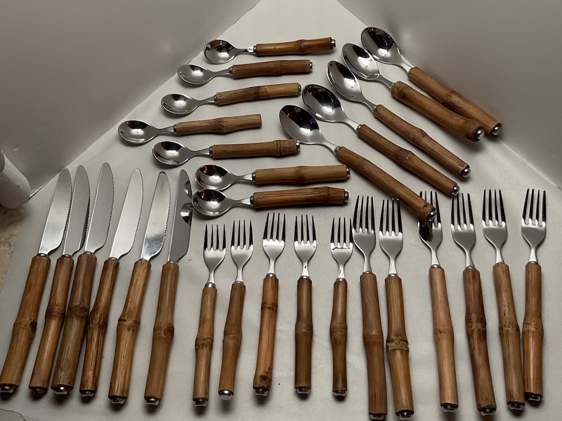 Vintage MCM 29 Piece, Natural Handmade Bamboo Silverware Set Rare