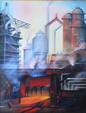 Wandbild Fabrik 60 x 80 Leinwand mit LED Kunstdruck Walzwerk Industrie Stahl