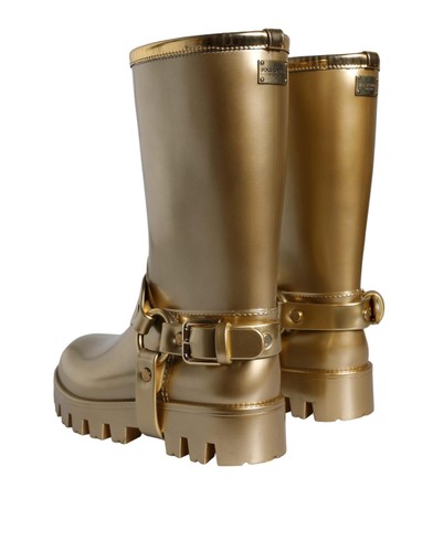 Dolce&Gabbana Mujer Botas Doradas Hasta la Rodilla PVC Sólidas Resistentes al Agua Botines EU 37 - Imagen 4 de 8