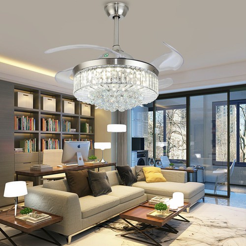 36 Inch Retractable Blades Ceiling Fan Light with Remote Control LED Crystal