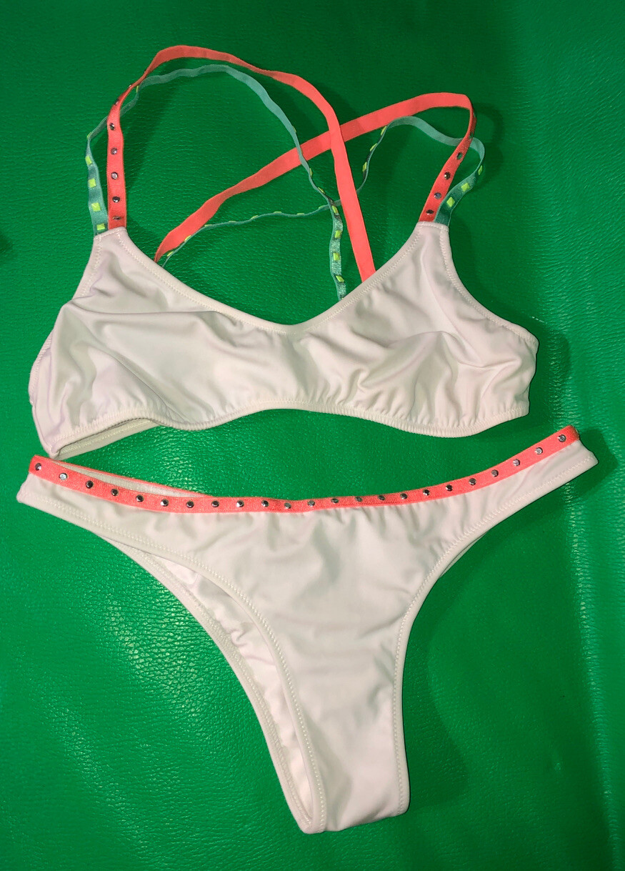 Victorias Secret S bikini white neon strappy studs Un… Gem