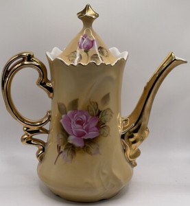 Vintage Lefton China 1866 Gold Beige Rose Floral Pattern Coffee Pot