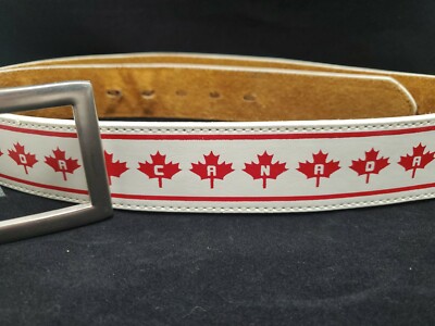Red & White Leather Belt w/Canadian Maple Leaf Mens sz 38-40