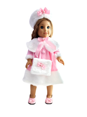 Doll Clothes 18 Coat Dress Pink White Hat Shoulder Cape Shoes Muff Fits 18'' Doll