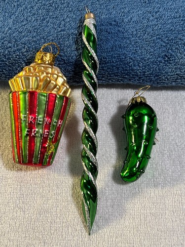 Christmas ornaments set of 3 glass twist icicle french fries & pickle PO5372