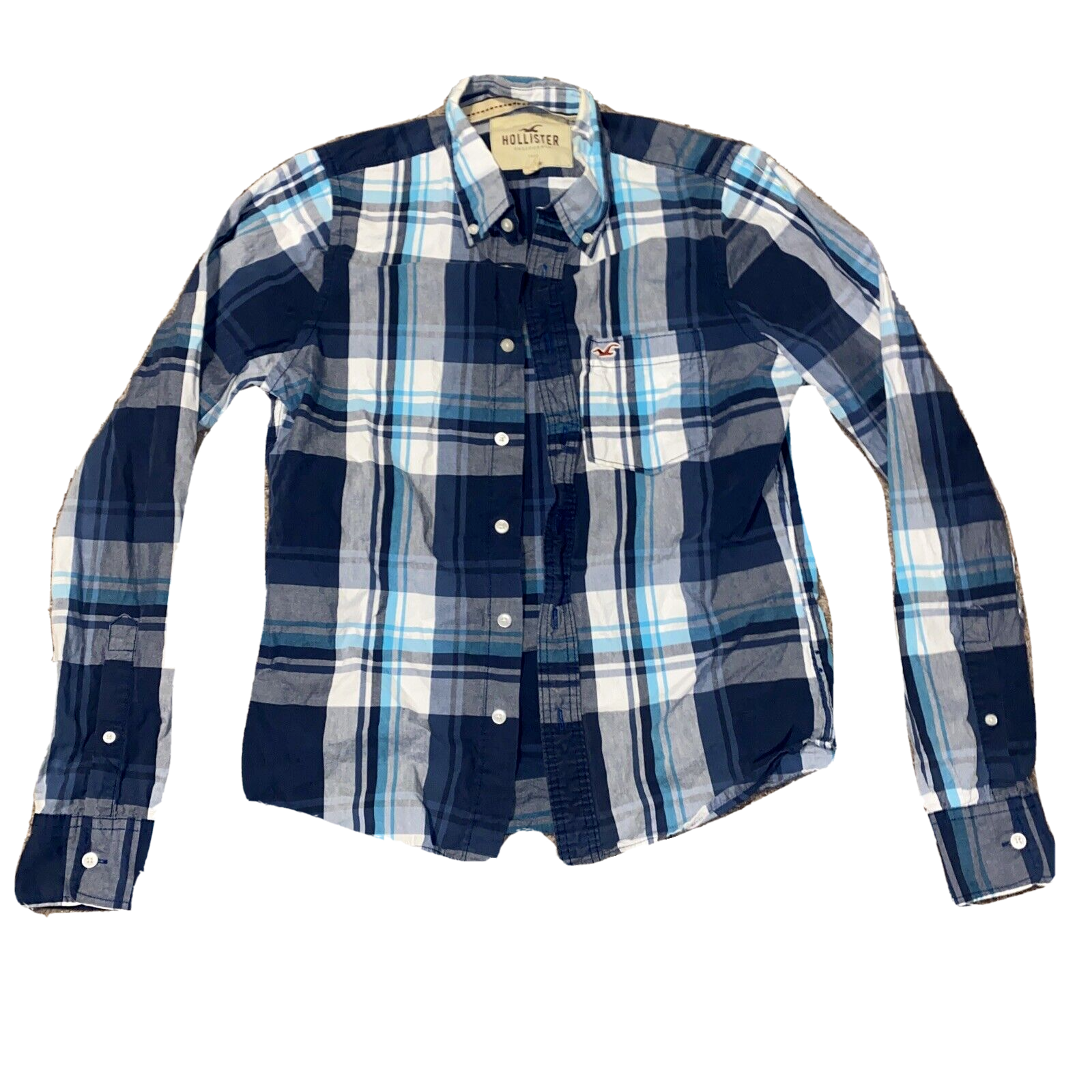 Hollister Casual Outdoor Button Up Shirt Mens Medium Blue Plaid w/ Pocket! SEE!