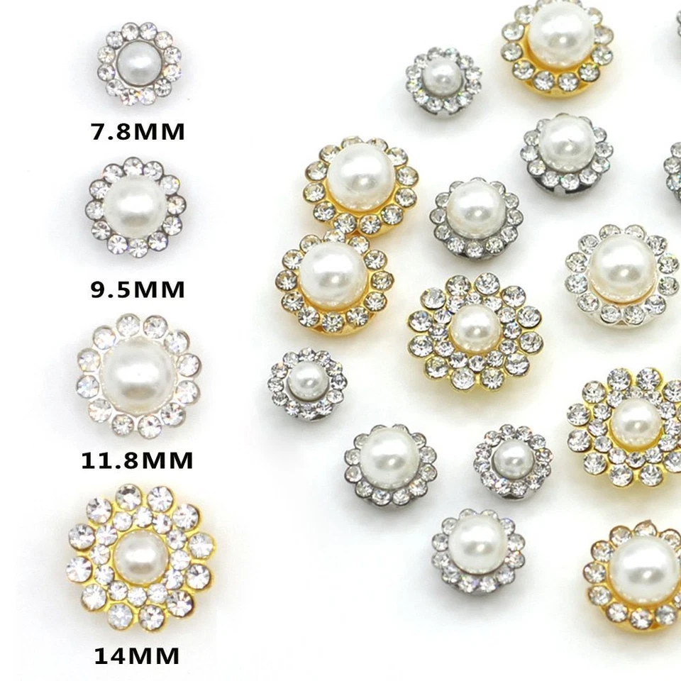 Glitter Crystal Pearl Button 20pcs Flat Back Flower Rhinestone Buttons Dress Kit - Image 3 of 4