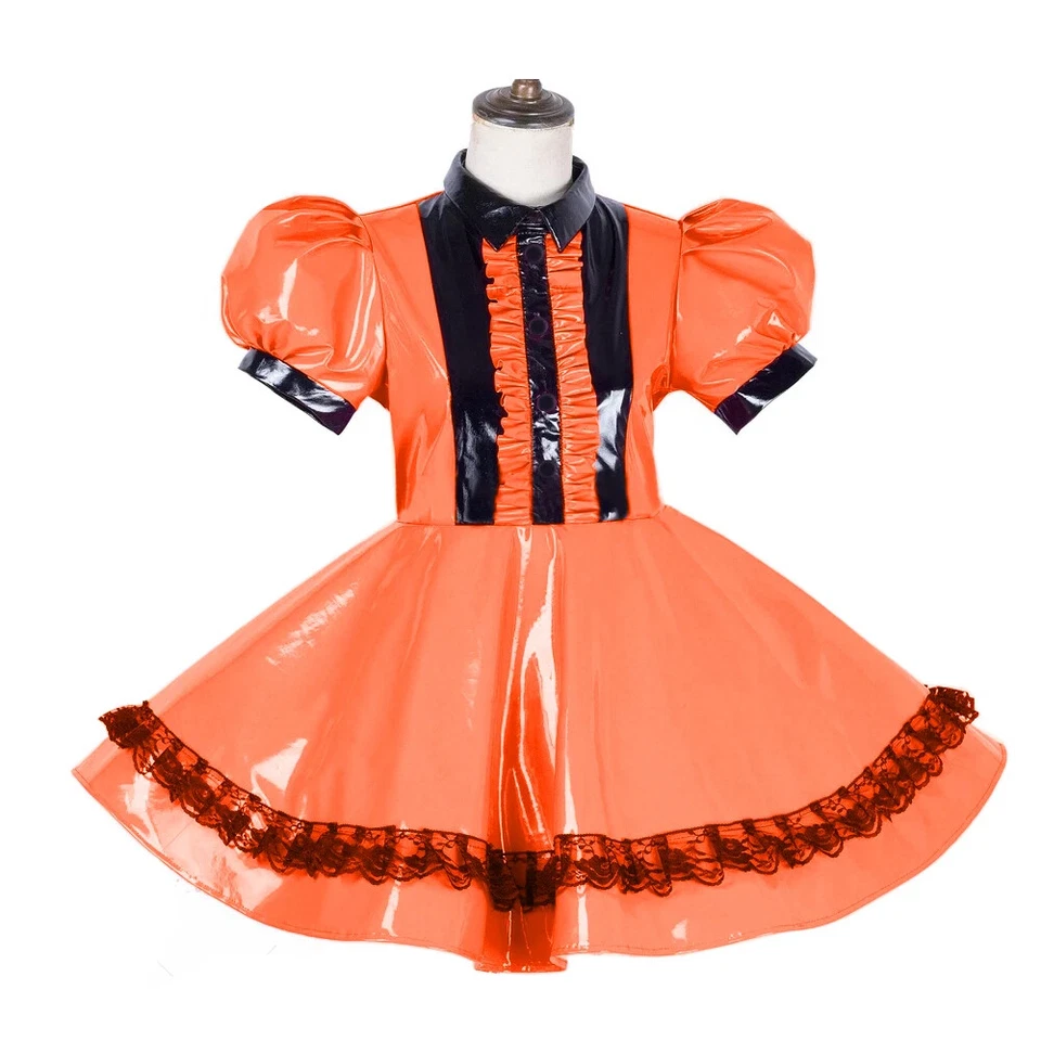 Shiny PVC Short Puff Sleeve Lolita Anime Dress Sissy French Maid Uniform - Image 3 of 4