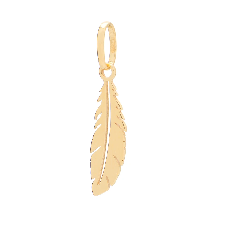Hermoso colgante pequeño con dije de pluma de oro amarillo macizo de 14k delicado diseñador Foto 4 de 4