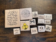 Lot of 13 wooden mounted rubber stamps, misc. themes, baby, sister, bee