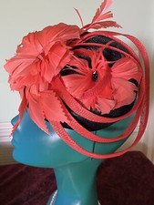 *COOL JOHN LEWIS BLACK PILLBOX HAT FASCINATOR STRAW DEEP ORANGE SWIRLS FEATHERS