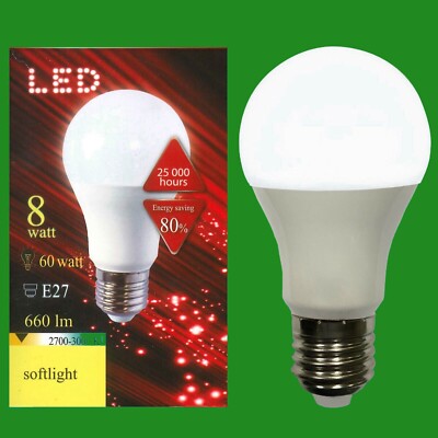 8W (=60W) LED 2700K Warm White GLS ES E27 Edison Screw Light Bulb Lamp