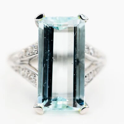 Bague 18K/750 Or Blanc Aigue-Marine Environ 12Ct Diamants 0.3 Ct TW/VS Taille 54 - Photo 1/2