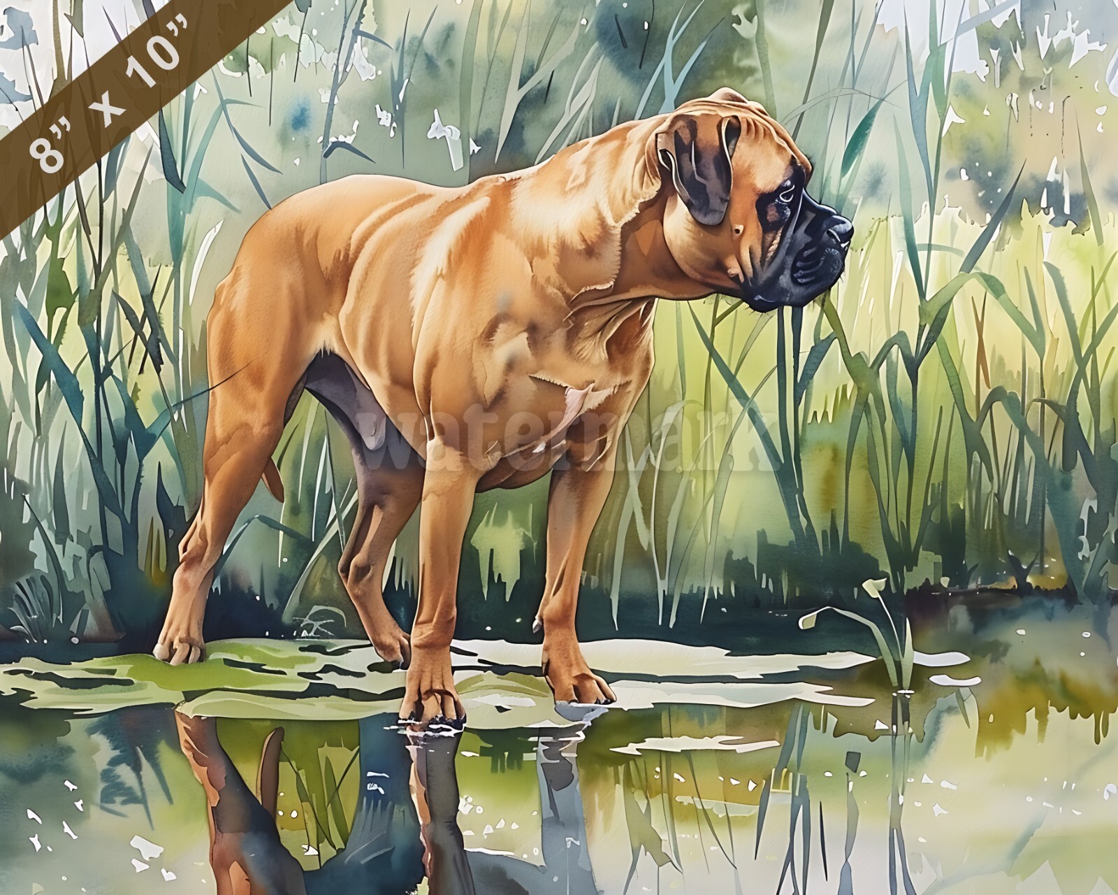 Boerboel watercolor painting by a serene pond 8x10 Print