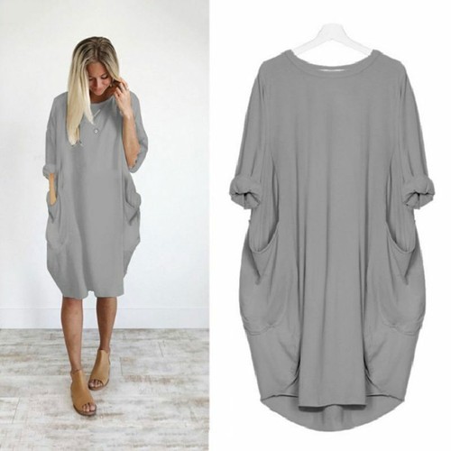 New Womens Casual Oversized Long Sleeve Dress Ladies Pockets Baggy T-Shirt Tops - Picture 12 of 33