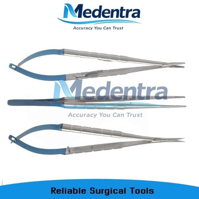 3 CASTROVIEJO Scissors Needle Holder Curved TC Forceps Dental Eye Set KIT Blue