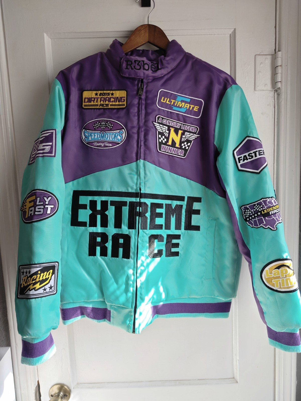 R3BEL Extreme Race Purple Yellow Cyan Bomber Racing Jacket Size Medium