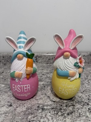 Adorable Set of 2 Easter Bunny Gnomes on Eggs - Pink Flower & Yellow Carrot, 9 