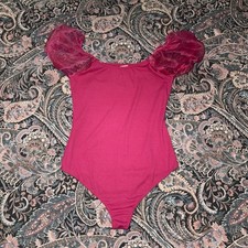Altar'd State Ribbed Pink Puff Sleeve Bodysuit Women s Medium