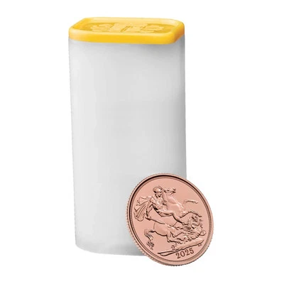 BRITISH ROYAL MINT Empty GOLD Sovereign Official Royal Mint Coin Tube (holds 25 Coins) 1/4 & 1/10