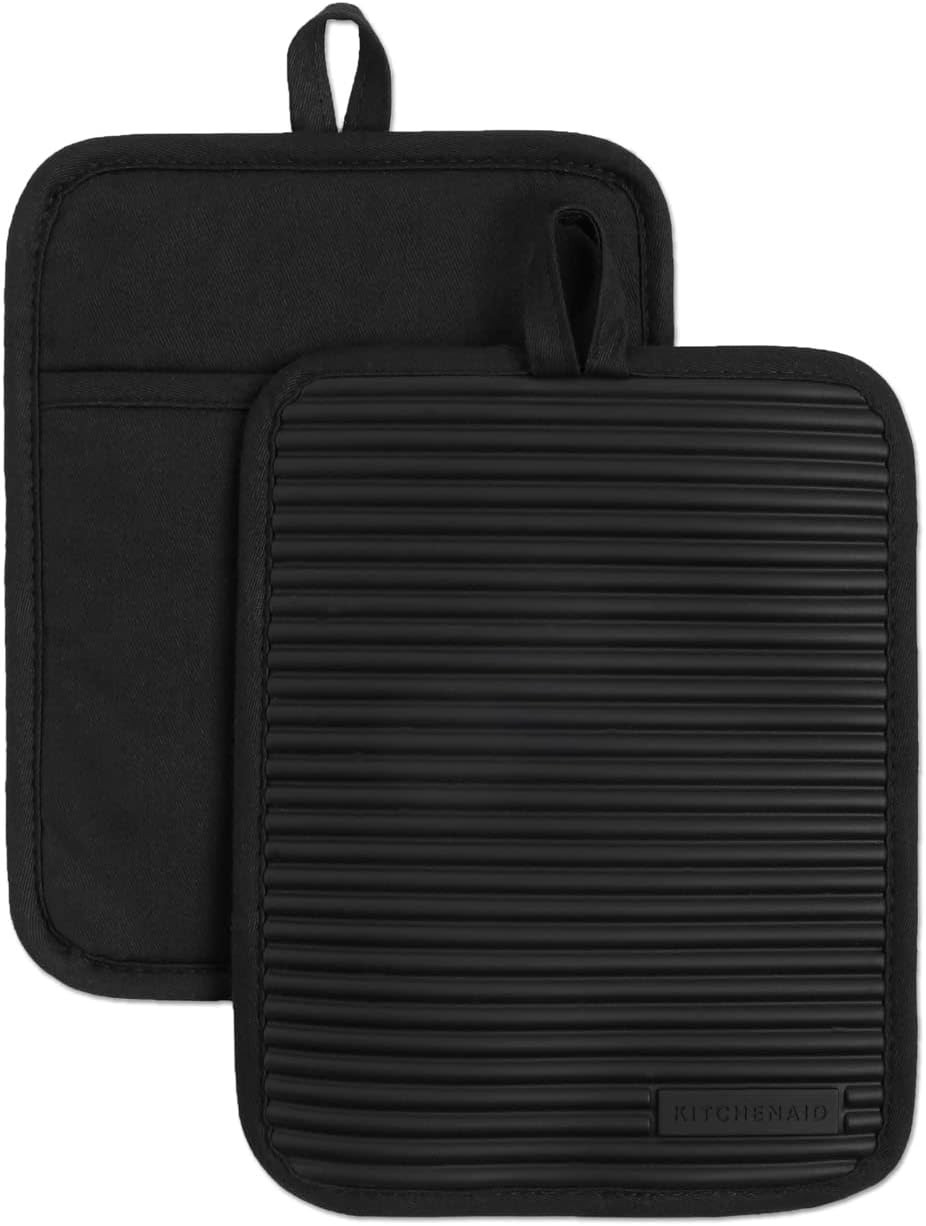 Ribbed Soft Silicone Pot Holder 2-Pack Set, Matte Black, 7"X9"
