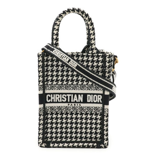 Dior Book Tote Phone Bag S5555CZAE Canvas Black / White with Papers #BLB824