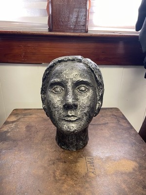Handmade Clay Head Sculpture Black Gray Painted People Art Medium Decor
