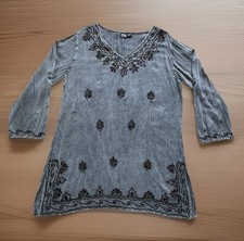 ANANDAS COLLECTION O/S PLUS  Gray Floral Embroidered Boho Peasant Tunic Dress