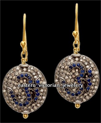 Stunning 2.07ct Rose Cut Diamond Sapphire Silver Vintage Lord OM Earring Jewelry