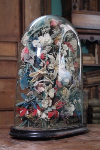 Espositore fiori a maglia primi '900 sotto vetro cupola ceppi arte popolare Curio - Foto 6 di 12