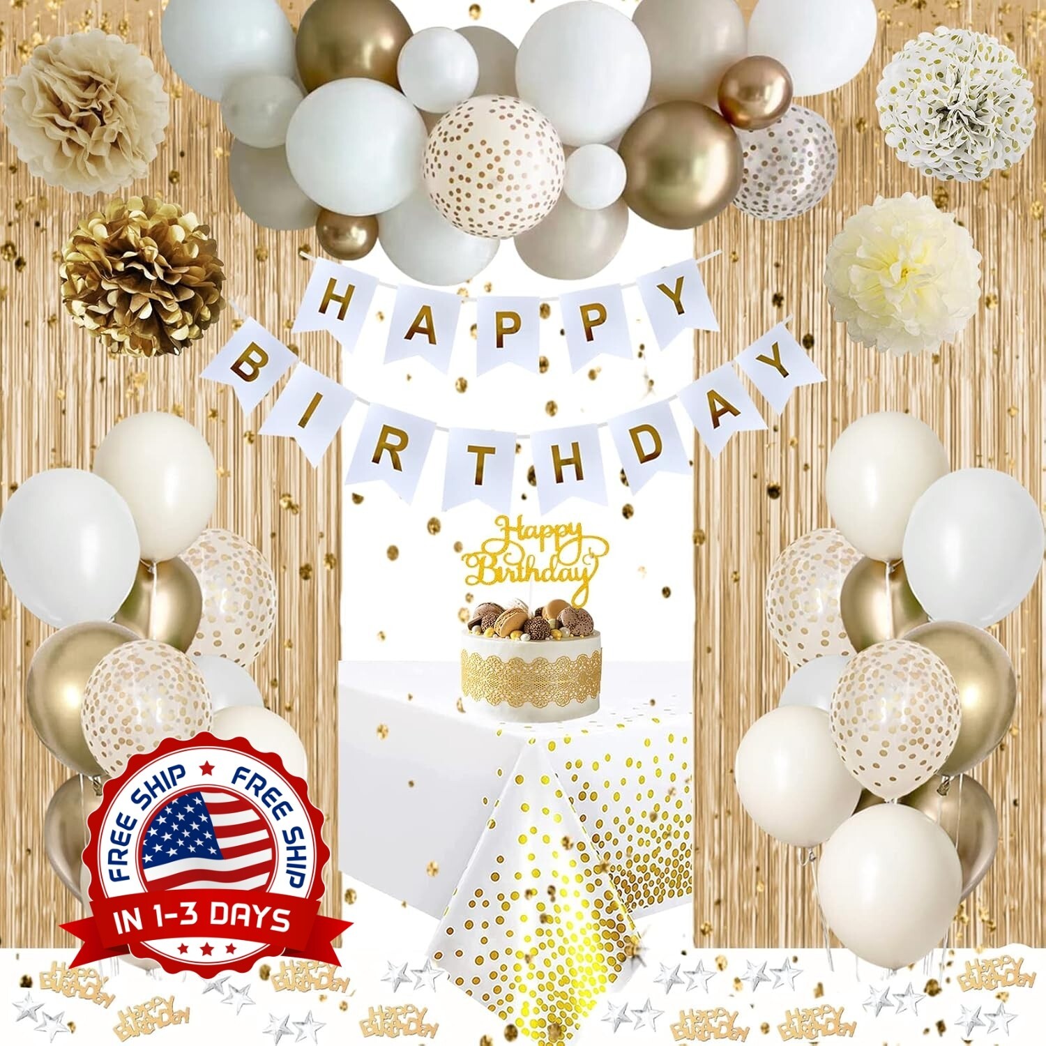 Conjunto De Decoración Para Fiesta De Cumpleaños En Tonos Dorados Y Blanco NUEVO