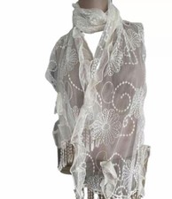 Stunning Glam Cover Wrap Scarf White Creamy Sheer Tulle Embroidered Fringes New