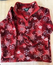 LL Bean Youth M 10/12 Sweater Fleece 1/4 Snap Button Pullover Red Snowflakes