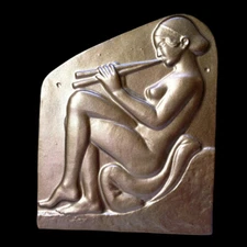 Nude Naked Greek Girl Female Woman with flutes sculpture relief plaque