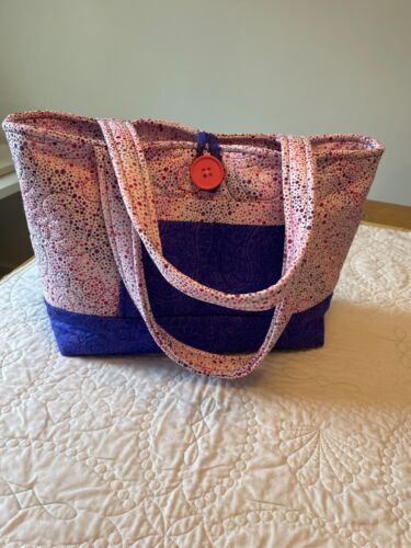 Handmade Quilted Pink & Purple Polka dotted Purse / Bag 14" x 10" x 6" - Picture 2 of 13