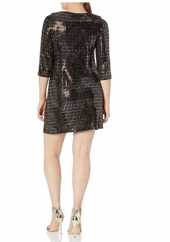 Sandra Darren Women's 1 Pc 3/4 Sleeve All Over Sequin Metallic Shift Dress Sz 14 - Picture 2 of 3
