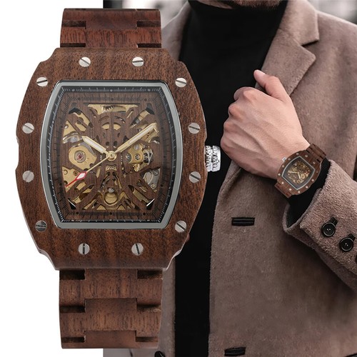 Luxury Wooden Skeleton Automatic Mechanical Wrist Watch for Men Wood Bracelet - Picture 10 of 12