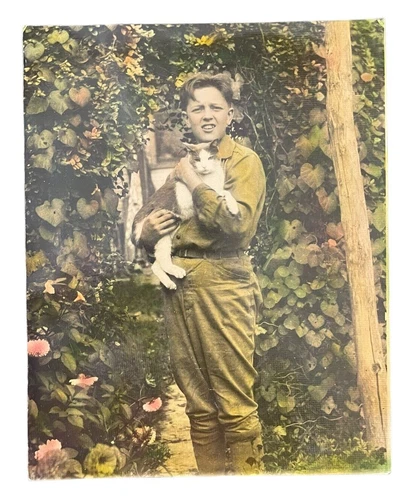 Young Boy & Cat 8" x 10" Color Transparency Photograph Garden WWI Era Uniform