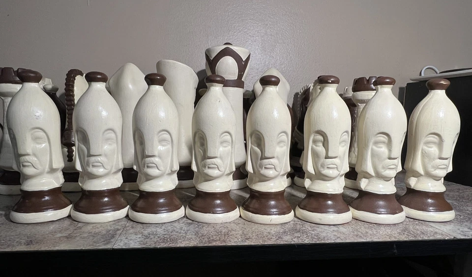 Vtg Ceramic Bisque 32 Piece Chess Set Hand Painted Medieval Style Brown & White - Image 3 of 4