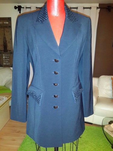 TERA navy blue/black dressy jacket suit top long blazer sz 40 M new