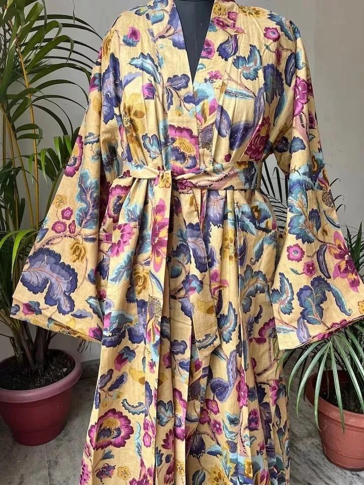 Хлопковый халат длинный кимоно Sleepwear индийский бежевый цветочный принт ночной костюм кимоно - Изображение 2 из 2
