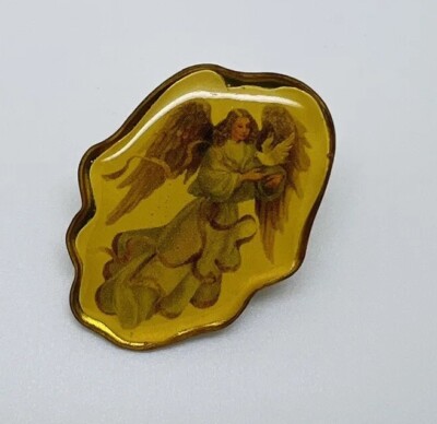 Vintage Gold Tone Enamel Angel With Dove Peace Pin Pinback Religious ...