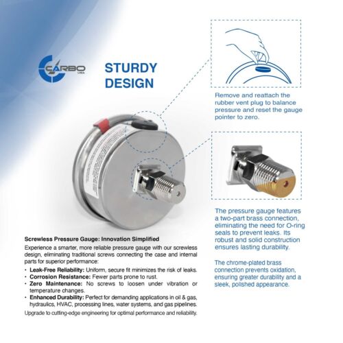 2.5" LIQUID FILLED PRESSURE GAUGE 0 - 400 PSI, STAINLESS STEEL CASE BACK MOUNT - Picture 3 of 6