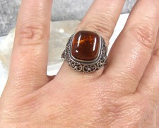 Sterling Silver Square Amber Ring ORnate Scroll Filigree 8.5 8.75