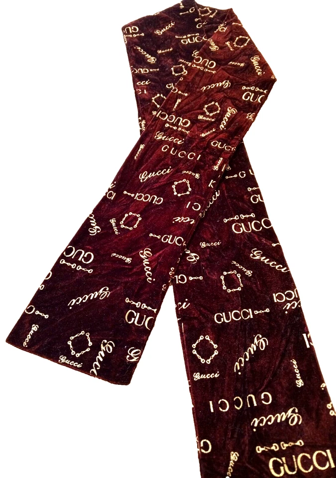 Gucci Bufanda Mantón Estola GG Logo Terciopelo Estampado Dorado Granate Silenciador Envoltura Auténtico Foto 4 de 4