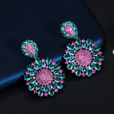 Hot Pink CZ Blue Drop Cluster Round Tennis Flower Long Dangle Earrings for Bride